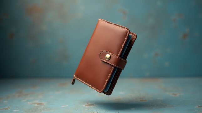 Porta pasaporte de viaje de cuero de lujo flotando en el aire