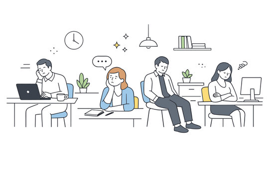 Employee morale decline. Several coworkers seated apart in an open office, minimal interaction and lowered energy. Collective disengagement and quiet
