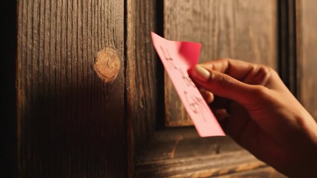 A hand places a note that says 'At the Gym' on a wooden surface