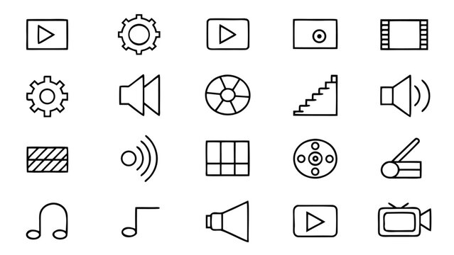 Thirty white line icons for multimedia applications are displayed in a structured grid format against a dark black background for high contrast.