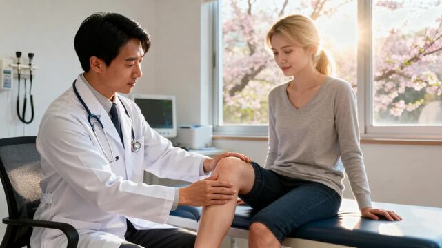 Palpating doctor wearing lab coat, stethoscope leaning, examining knee on exam table, window view