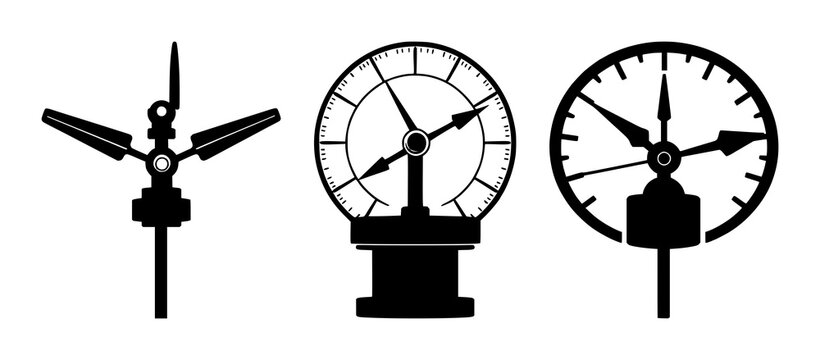 Anemometer set with flat vector icon of a wind gauge featuring bold outlines, solid black, white background with weather symbol and anemometer illustration
