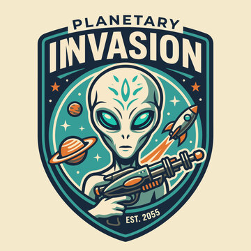 This striking image showcases an alien character holding a futuristic weapon, surrounded by planets, rockets, and stars in an eye-catching emblematic design.