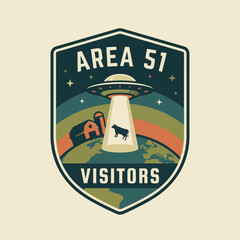 A whimsical image featuring a retro-designed badge for Area 51 visitors, complete with a UFO beaming up a cow amidst a serene agricultural landscape. © chaobo fu