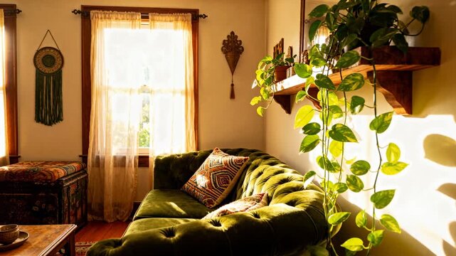 Shifting sunlight, camera pushing to reveal green sofa and trailing pothos shadows in living room