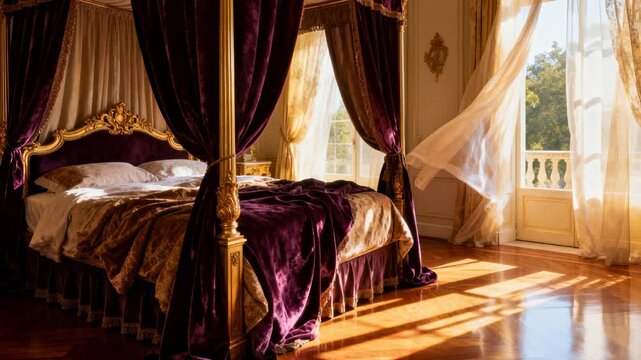 Billowing sheer curtain swaying inward from balcony wind in grand bedroom, touching four-poster bed