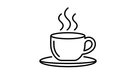 Fototapeta premium A charming line art vector image of a steaming hot cup of coffee or tea sitting on a saucer with rising heat.
