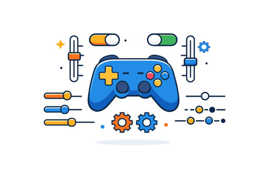 Custom control scheme design visualized as a controller surrounded by sliders, toggles, and small gear icons. A structured and creative concept of fine-tuning