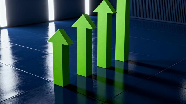 Pushing camera moving closer to four green 3D upward arrows on glossy navy floor, showing growth