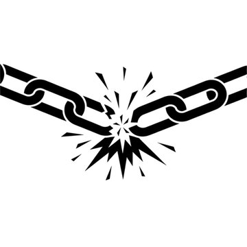 A high contrast black and white vector image illustrating a heavy metal chain breaking apart in the middle with sharp fragments and sparks.