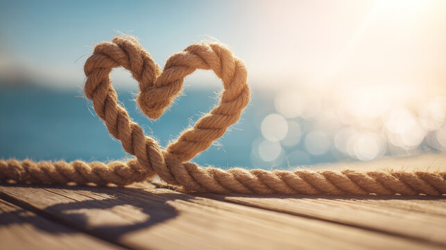 Nautical rope arranged into a heart shape on a wooden deck, symbolizing love and connection by the sparkling sea