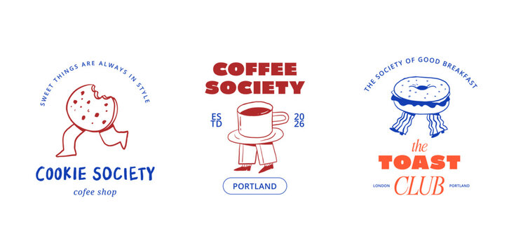 Whimsical hand drawn cafe, bakery and patisserie vintage cartoon logos collection