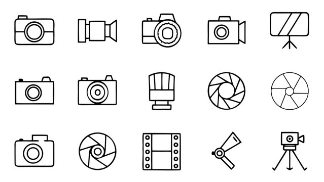 Fifteen white outline icons of different camera styles and viewfinders are arranged in a three by five grid on a solid black background.