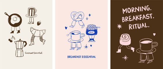 Fototapeta na wymiar Whimsical hand drawn cafe, bakery and patisserie vintage cartoon posters, banners and prints collection