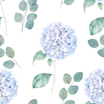 Watercolor hand drawn illustration. Flower hydrangea print. Botanical seamless pattern
