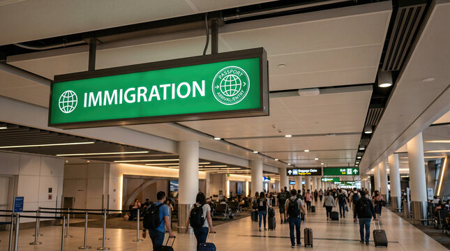 Immigration Airport Sign Green Illuminated Border Control Concept
