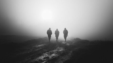 Naklejka premium Soldiers trekking through thick mist on a desolate path, symbolizing determination, a difficult journey, and an unknown objective