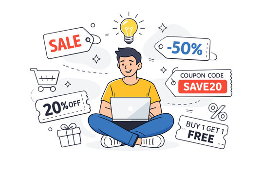 Coupon hunting online shopping. A man sitting cross-legged with a laptop, large discount tags and promo codes hovering around, lightbulb glowing above his head