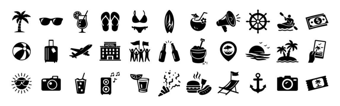 Spring Break Vacation Icons Set &ndash; Beach, Travel, Party, Tropical Holiday Silhouette Collection
