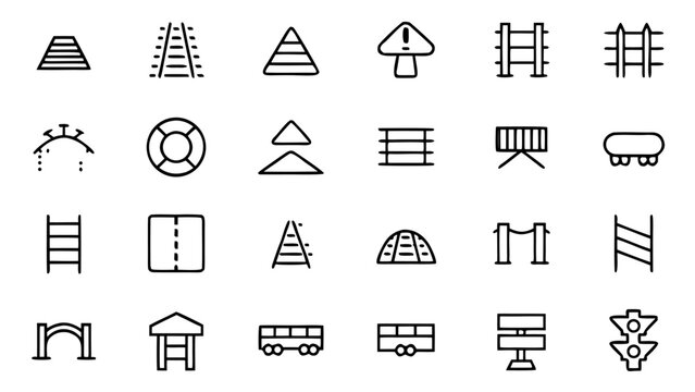 Thirty black stroke railway icons depicting station amenities and train management tools are organized in rows on a transparent background.