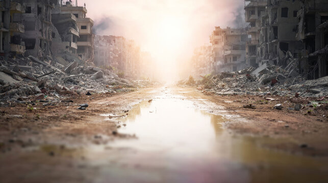 War torn city street after conflict, buildings crumbling into ruins, light shining through apocalypse destruction environment