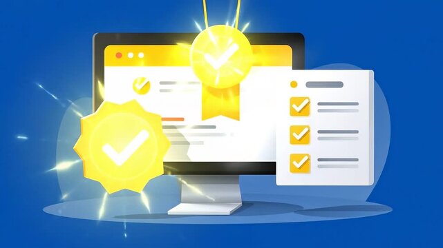 Vector representation of a computer screen displaying checkmarks with a vibrant blue background, symbolizing approval and success in digital