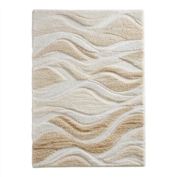 Beige and White Shag Rug with Wavy Pattern on White Background