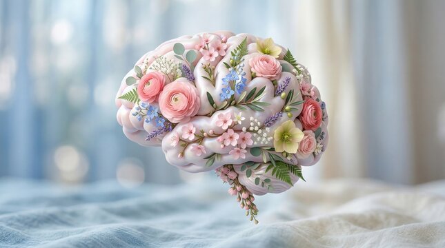 Human brain with flowers and leaves on a light background. 3d rendering