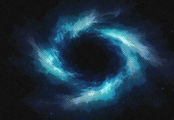Blue halftone spiral nebula swirling around a central black void © DesignSells