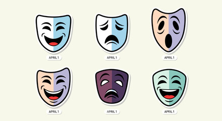 Collection of six colorful comedy and tragedy masks with various emotions on a plain background