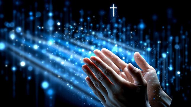 a praying hand holding a cross and heavly lights above in blue say,