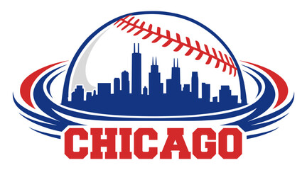 Chicago City Skyline Inside A Baseball With Red Stitches And Dynamic Swoosh For Sports Fans And Team Apparel Design © VisuaLabArt