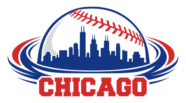 Chicago City Skyline Inside A Baseball With Red Stitches And Dynamic Swoosh For Sports Fans And Team Apparel Design