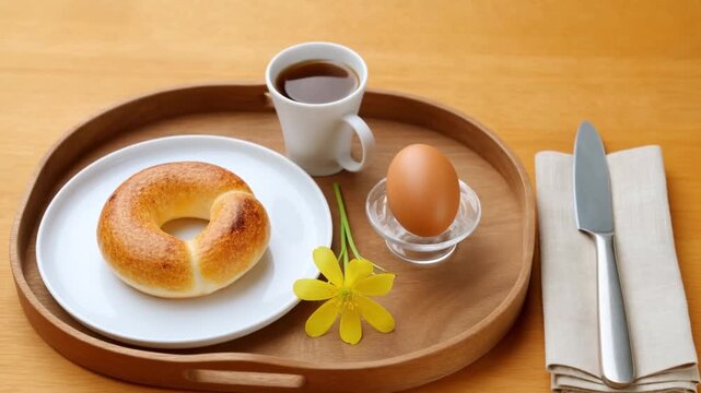 A stylish flat lay of an easter breakfast on a wooden tray with cake, egg and coffee on a light wood table in morning light concept of a cozy festive morning