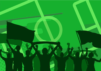 Football fans silhouettes banner on green soccer field background with flags, supporters cheering and celebrating goal. Vector illustration © KR Studio