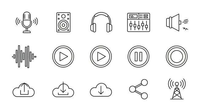Audio and media control line icons set vector illustration, sound recording and playback tools, music streaming and sharing symbols, modern outline pictograms