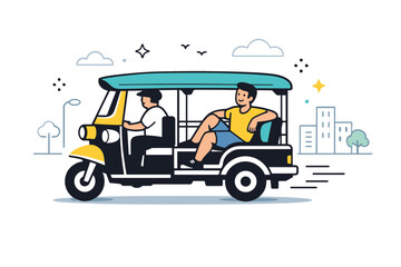 Taking a tuk-tuk ride. A person sitting comfortably in a tuk-tuk as it moves through a simple city street, relaxed posture and open sides. The scene conveys