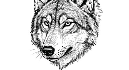 Detailed Black and White Wolf Portrait Sketch, Fierce Gaze, Realistic Fur Texture