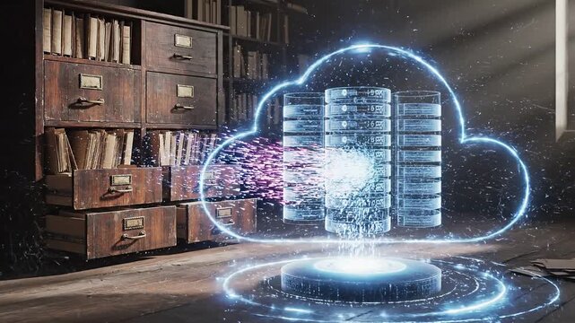 A digital representation of a cloud computing concept showing data transfer with vibrant colors and glowing effects in an aged library setting