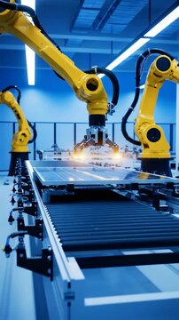 Advanced Industrial Automation in Action: Streamlined Robotic Arms Working in Perfect Harmony on a Conveyor Belt in a High-Tech Manufacturing Facility