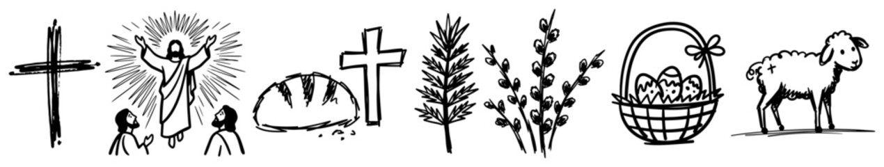 Religious Easter symbols set with cross risen christ bread pussy willow and lamb in hand drawn doodle style © AnimalZOO