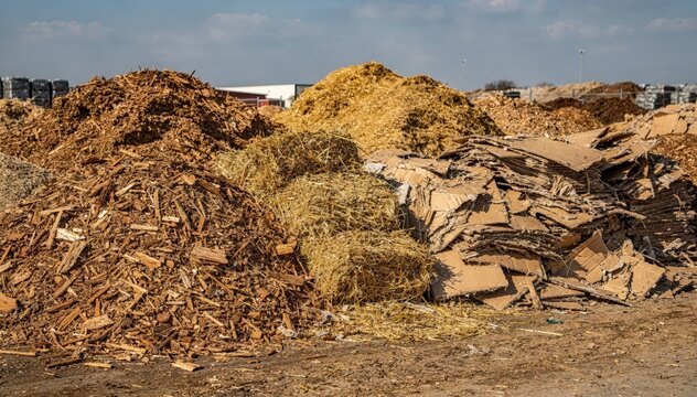 Medium shot of expansive open piles of wood chips straw and shredded cardboard in a bulking agents storage yard highlighting natural textures under bright daylight.
