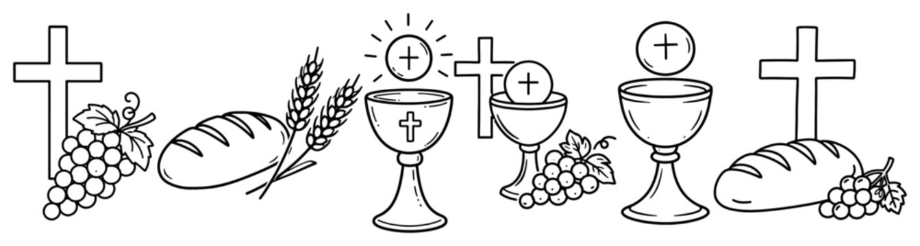 Holy communion religious symbols with chalice and bread outline style