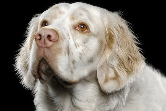 Clumber spaniel close-up portrait with white coat and amber eyes, black studio background