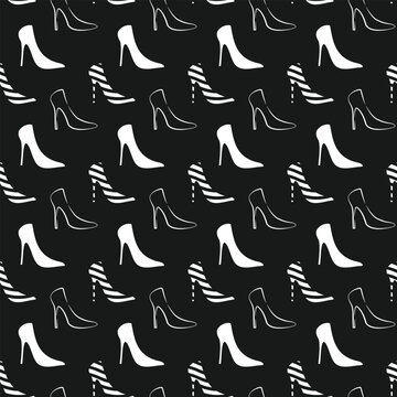 White high heel shoe seamless pattern on black background for fashion. Trendy footwear pattern