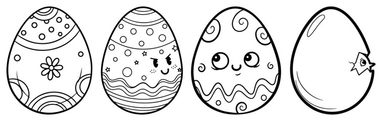 Obraz premium Easter eggs set with cute faces and decorative patterns in hand drawn doodle style