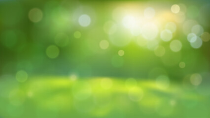 Sunny nature bokeh background with abstract green spring gradient and light circles. Vector illustration. © Anastasiia