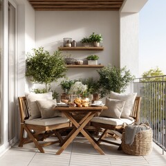 Fototapeta premium Cozy Balcony with Breakfast, Wooden Furniture and Green Plants in Summer