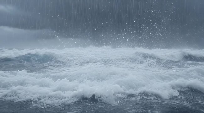 Heavy rain lashes turbulent ocean waves