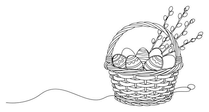 Easter basket with patterned eggs and willow branches in one continuous line art style
